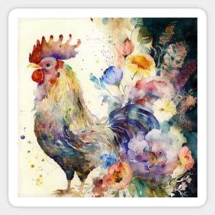 Cute Watercolor Floral Rooster, Farm Animal, Sticker